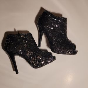 Black and Silver sequin peep toe booties